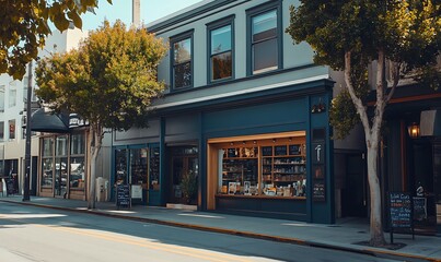 A charming storefront with large windows and outdoor seating on a sunny street.