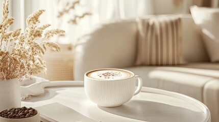 A latte art cappuccino in a white mug sits on a side table in a sunlit living room.