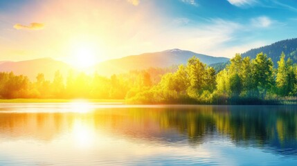 Sunrise reflection over serene lake nature landscape tranquil environment vibrant colors