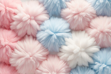 Soft pastel pom-poms in pink, blue, and white creating a fluffy and cozy texture.