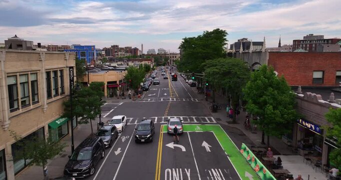 Drone Flight Over Harvard Street in Coolidge Corner, Brookline 