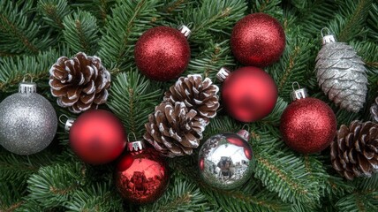 Festive Christmas Ornaments and Pine Cones on Evergreen Branches