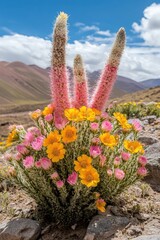 A vibrant display of pink and yellow flowers with cacti in a mountainous landscape.