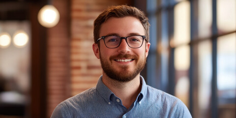 Fototapeta premium smiling man with glasses in modern office setting, showcasing friendly demeanor and professional appearance. background features warm lighting and brick walls