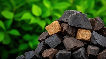 [Grilling Outdoors preparation briquettes] Coal Bricks Stacked Outdoors in Natural Setting with Greenery