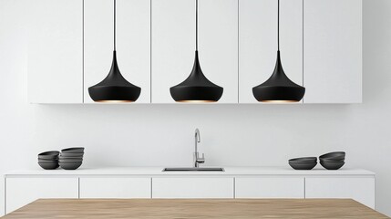 Modern kitchen design with stylish black pendant lights minimalist environment interior view
