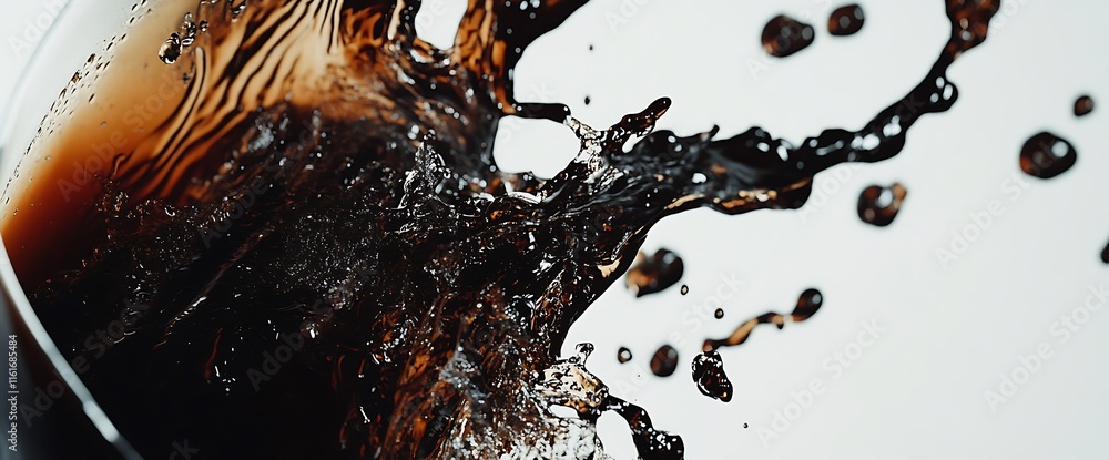 Poster a close-up of a drink splashing, showcasing dynamic movement and texture.