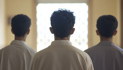 Obraz premium Several young men are standing in mosque, praying together in serene atmosphere. Their focus and unity create sense of peace and spirituality