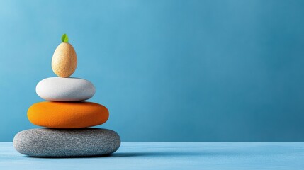 [Emotional balance emotional intelligence mindset] Mindful Balance Nature Serenity Flat Stones & Single Leaf on Calming Blue Background