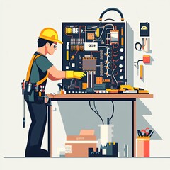 Electrician repairing complex electrical system on workbench, wearing safety gear.