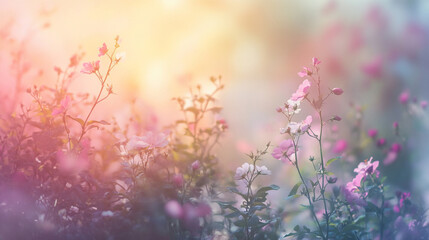 Soft pastel flowers blooming in a serene garden during golden hour light
