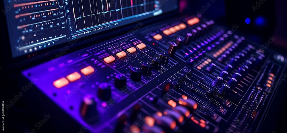 Poster a close-up of a digital audio mixer with illuminated controls and screen.