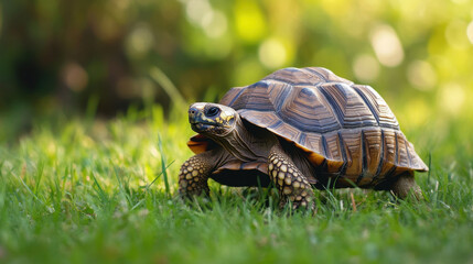 Obraz premium tortoise slowly moves across lush green grass, showcasing its intricate shell patterns and natural habitat. serene environment highlights beauty of wildlife