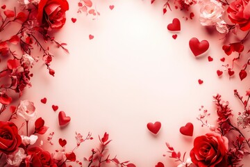 Romantic Valentine’s Day Frame with Roses and Hearts in Shades of Red for Celebrating Love and Affection