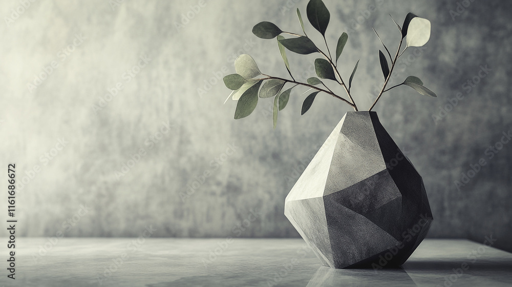 Poster stylish geometric vase with greenery on a minimalistic surface in soft lighting