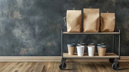 Coffee and food delivery service; paper bags and cups on a rolling cart against a dark wall.