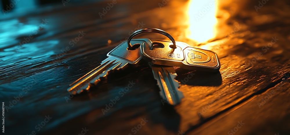 Poster a close-up of a set of keys resting on a wooden surface, illuminated softly.