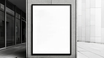 Black and white portrait of a man's profile, displayed on a poster outside a modern building.