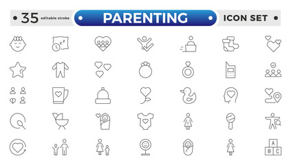 Set of Parenting outline icon related to family, parents, mother, father, son, daughter, children, baby, grandparents, grandfather, grandmother.Loving Family Relationships Editable stroke outline icon