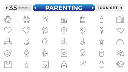 Set of Parenting outline icon related to family, parents, mother, father, son, daughter, children, baby, grandparents, grandfather, grandmother.Loving Family Relationships Editable stroke outline icon