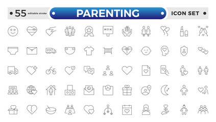 Set of Parenting outline icon related to family, parents, mother, father, son, daughter, children, baby, grandparents, grandfather, grandmother.Loving Family Relationships Editable stroke outline icon