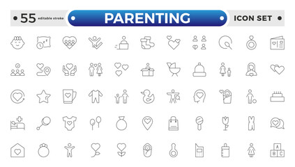 Set of Parenting outline icon related to family, parents, mother, father, son, daughter, children, baby, grandparents, grandfather, grandmother.Loving Family Relationships Editable stroke outline icon