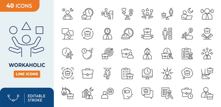 Workaholic Icons set. Workaholic and workaholism icon set. containing Busy, rushed, burnout, tired, overworked and more. Outline Icon Collection. Vector illustration. Editable stroke	
