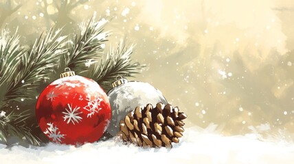 Festive Winter Scene with Ornaments and Pine Cone
