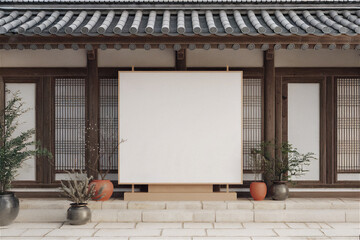 한국 기와집 한옥 벽에 있는 광고판 광고 목업