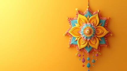Colorful 3D floral mandala hanging ornament against a yellow background.
