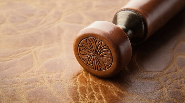 Close-up of an ornate wooden stamp with intricate carvings resting on brown leather.