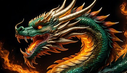 Fierce Green Dragon Head with Enchanting Flames for Background. Generative AI