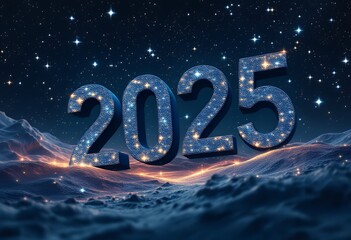 Celestial 2025: Starlit Numbers on a Snowy Landscape