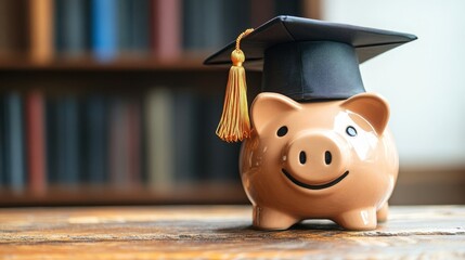 piggy bank With Graduation Cap on old wood,Money saving concept