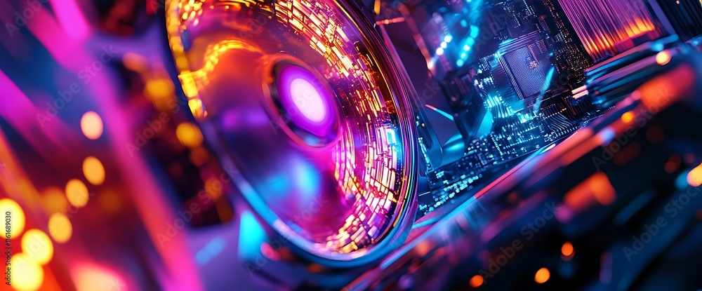 Poster a close-up view of a vibrant, illuminated computer component showcasing technology.