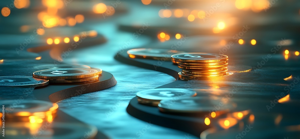 Poster a close-up view of shimmering coins on a reflective surface with warm lighting.