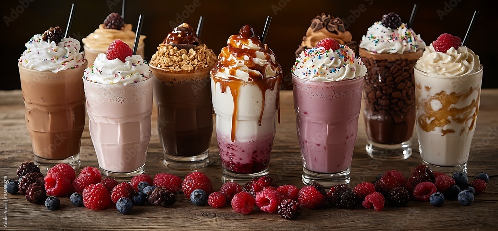 Poster a colorful array of milkshakes topped with whipped cream and fruits.