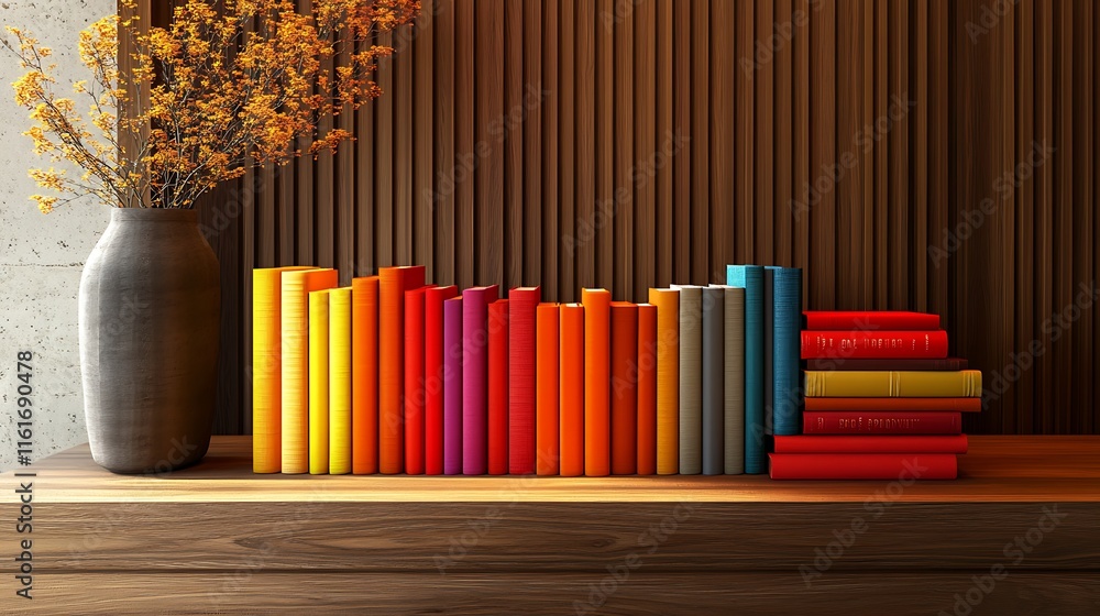 Poster a colorful array of books on a wooden shelf with a vase of dried flowers.