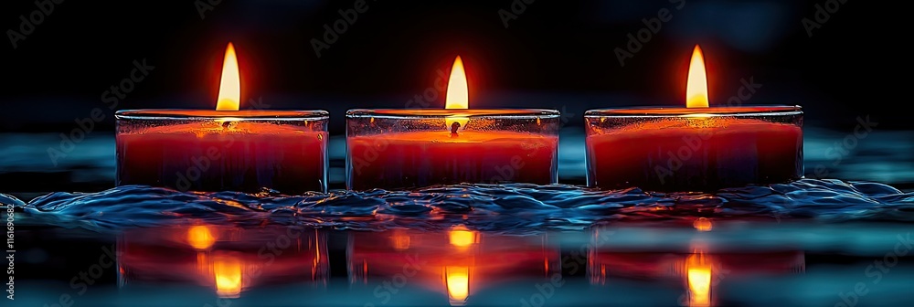 Poster three glowing candles floating in water, creating a serene and calming atmosphere.