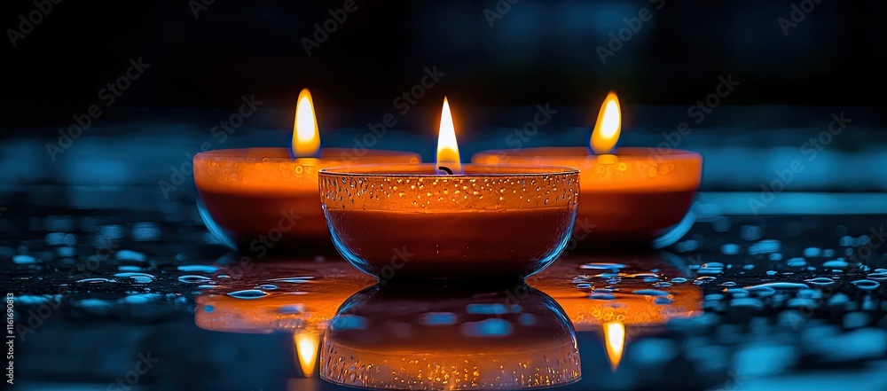 Poster three glowing candles on a reflective surface, creating a serene atmosphere.