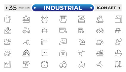 Industrial factories outline icons set. Factory icon illustration. Industry power, chemical manufacturing building warehouse nuclear energy plant. Pack of renovation. Editable stroke outline icon. 