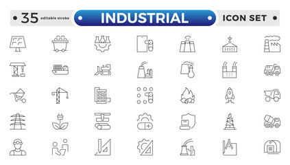 Industrial factories outline icons set. Factory icon illustration. Industry power, chemical manufacturing building warehouse nuclear energy plant. Pack of renovation. Editable stroke outline icon. 