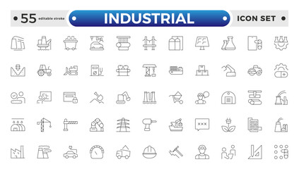 Industrial factories outline icons set. Factory icon illustration. Industry power, chemical manufacturing building warehouse nuclear energy plant. Pack of renovation. Editable stroke outline icon. 