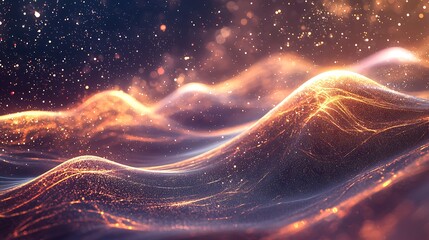 A cosmic landscape of glowing energy waves and sparkling cosmic dust particles.