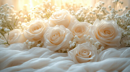 Soft white roses arranged elegantly with delicate baby breath on light fabric background create serene and romantic atmosphere, perfect for weddings or special occasions