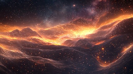 A cosmic landscape of glowing energy waves and sparkling cosmic dust particles.