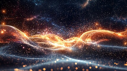 A cosmic landscape of glowing energy waves and sparkling cosmic dust particles.