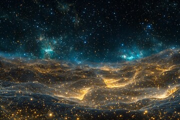 A cosmic landscape of infinite stars and glowing dust particles scattered in space.