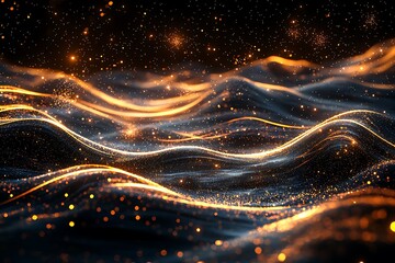 A cosmic landscape of shimmering energy waves and radiant particles on a dark background.