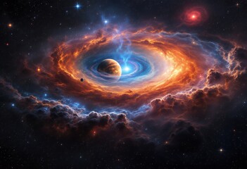 Fototapeta premium Cosmic Planet: Fiery Nebula and Celestial Dance in a Dramatic Space Art